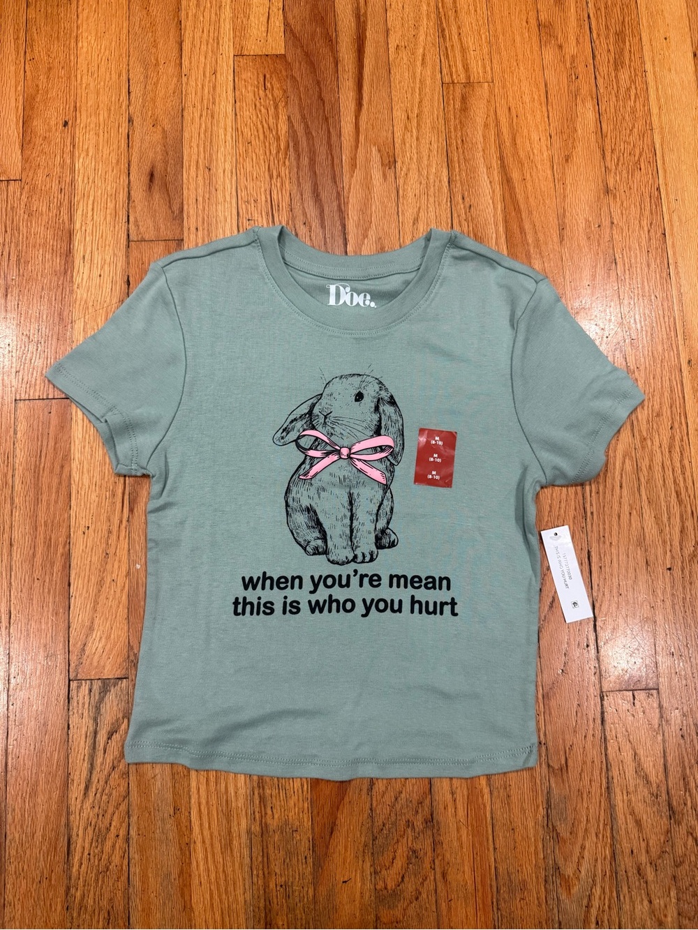 Doe Sage Green Bunny Graphic Tee with Pink Bow